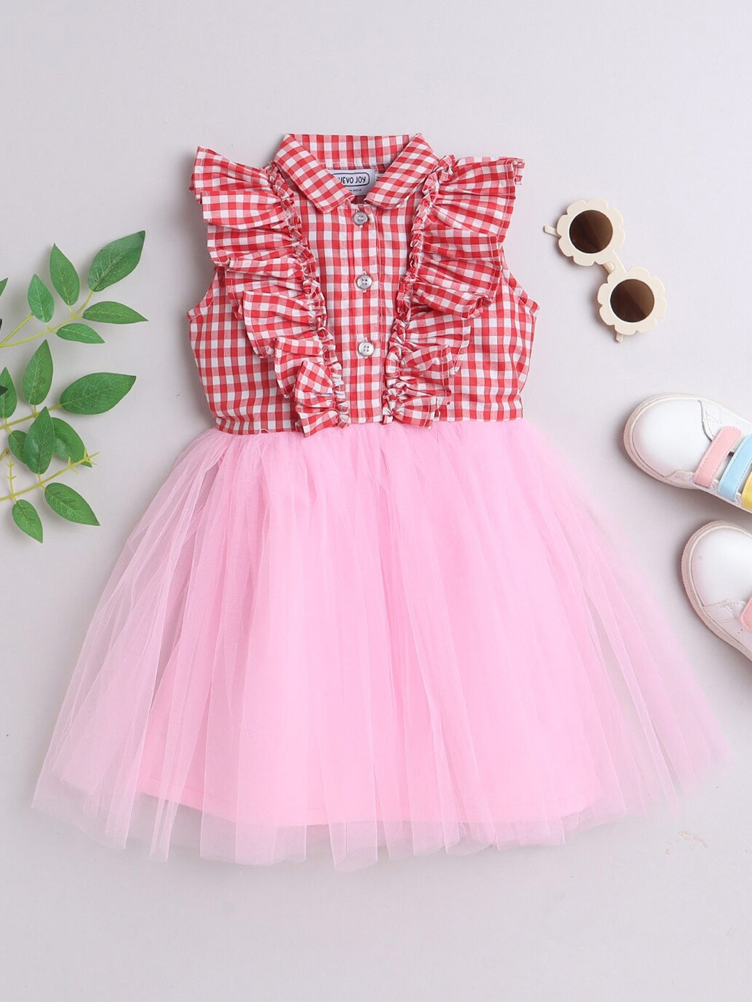 

Nuevo Joy Girls Checked Shirt Collar Ruffled Tulle Fit & Flare Dress, Pink