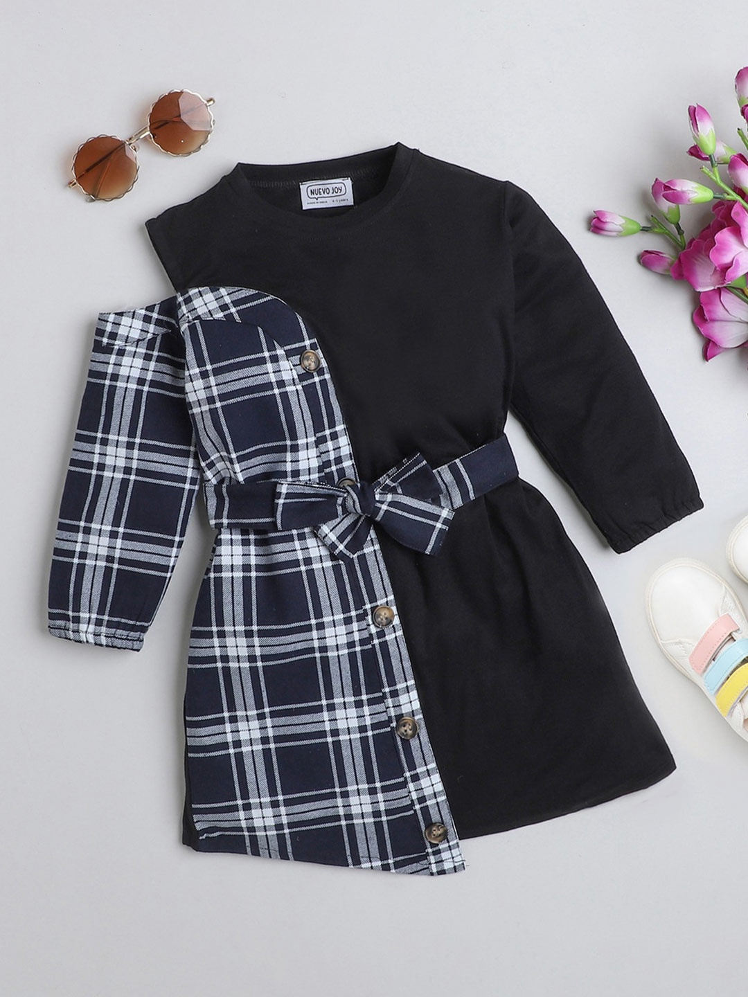 

Nuevo Joy Girls Checked A-Line Panel Dress, Navy blue