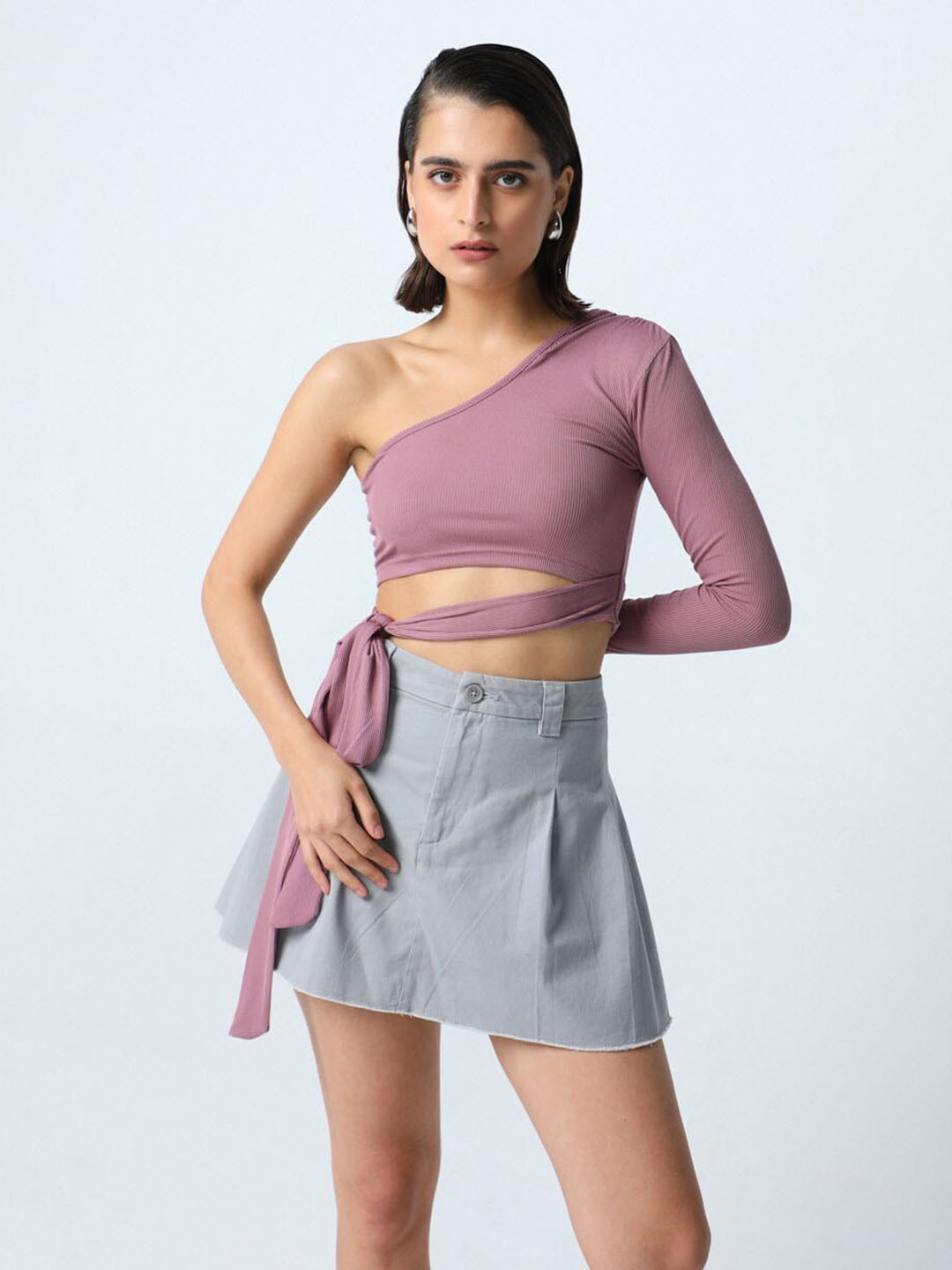 

DEBSTREET Long Sleeves One Shoulder Crop Top, Pink