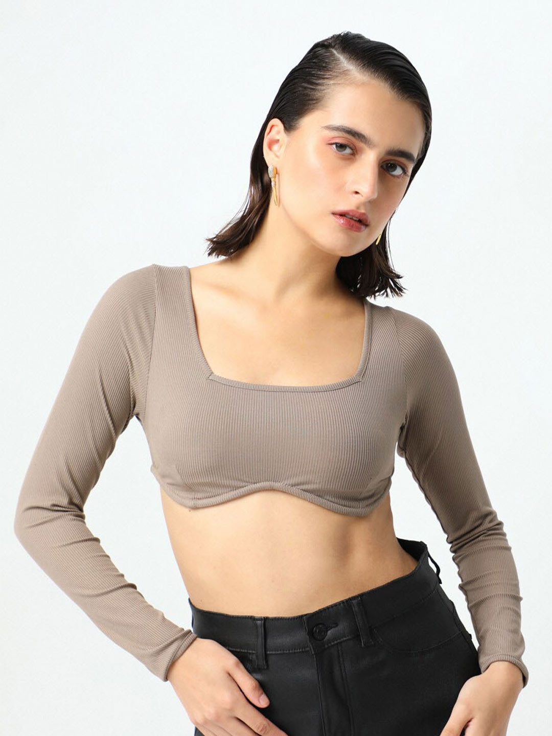 

DEBSTREET Square Neck Crop Top, Brown