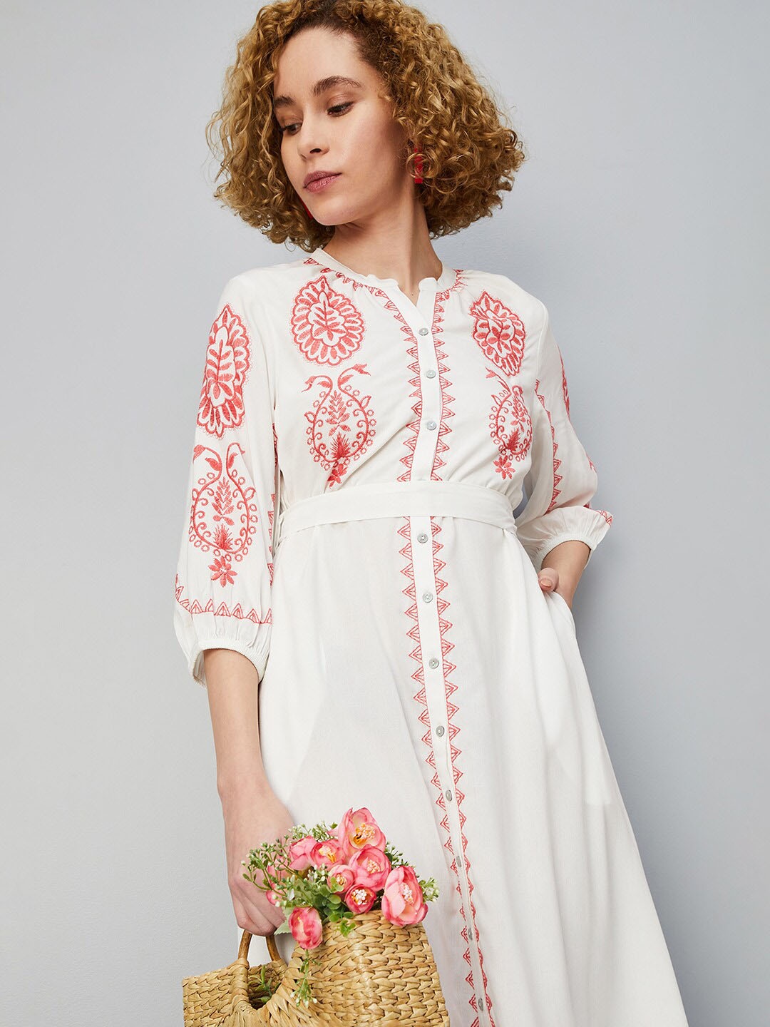 

max Floral Embroidered Fit & Flare Midi Dress, Off white