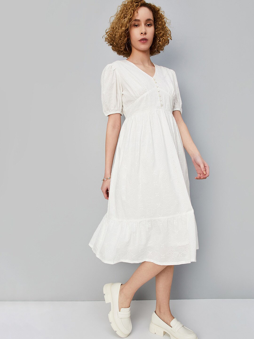 

max V-Neck Puff Sleeve Pure Cotton Empire Dress, Off white