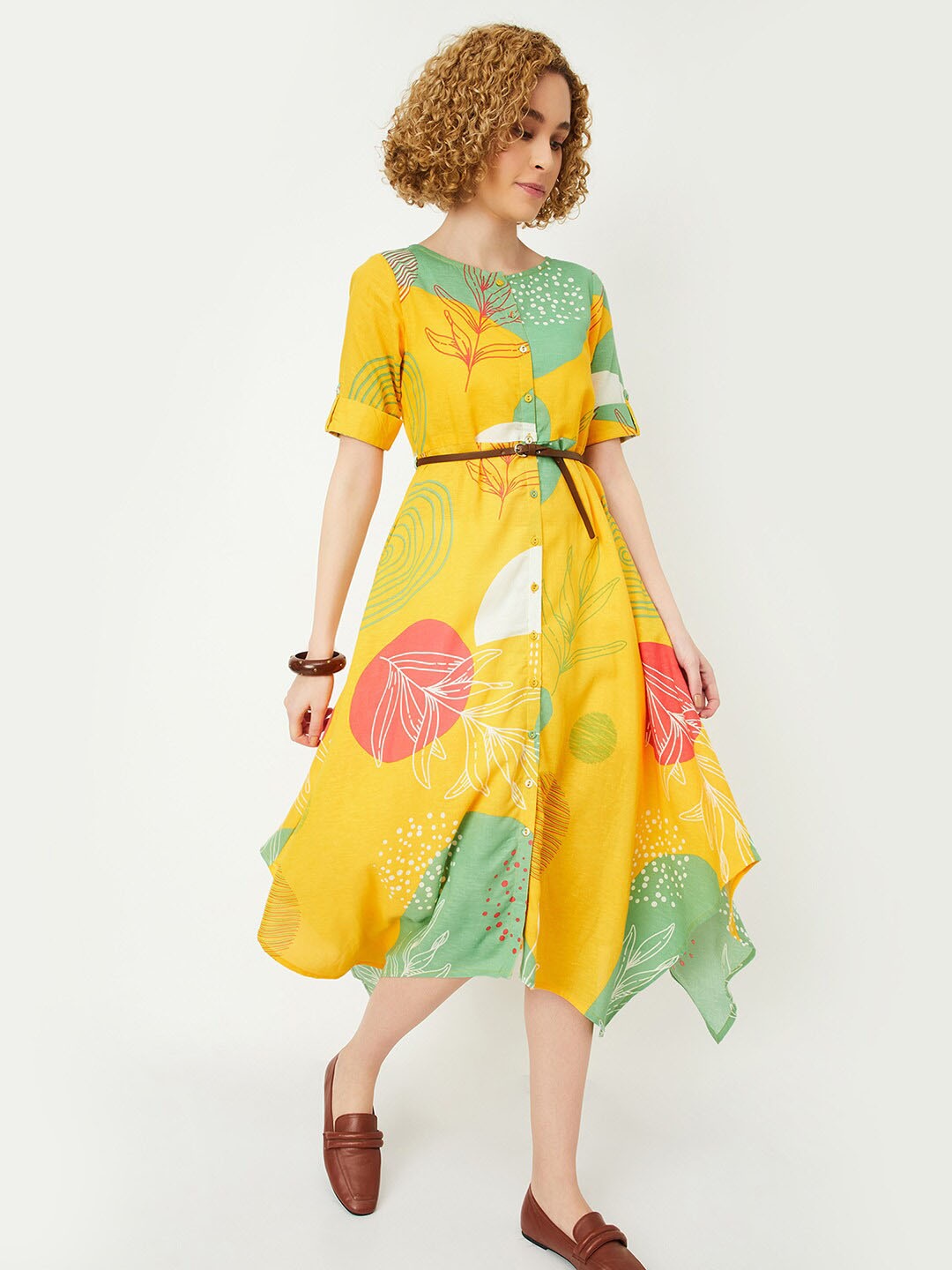 

max Floral Printed Roll Up Sleeves Shirt Dress With Belt, Yellow