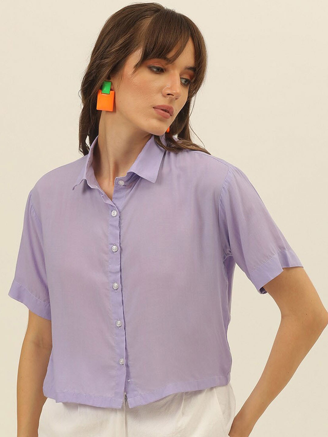 

JAVINISHKA Comfort Slim Fit Spread Collar Crop Casual Shirt, Lavender