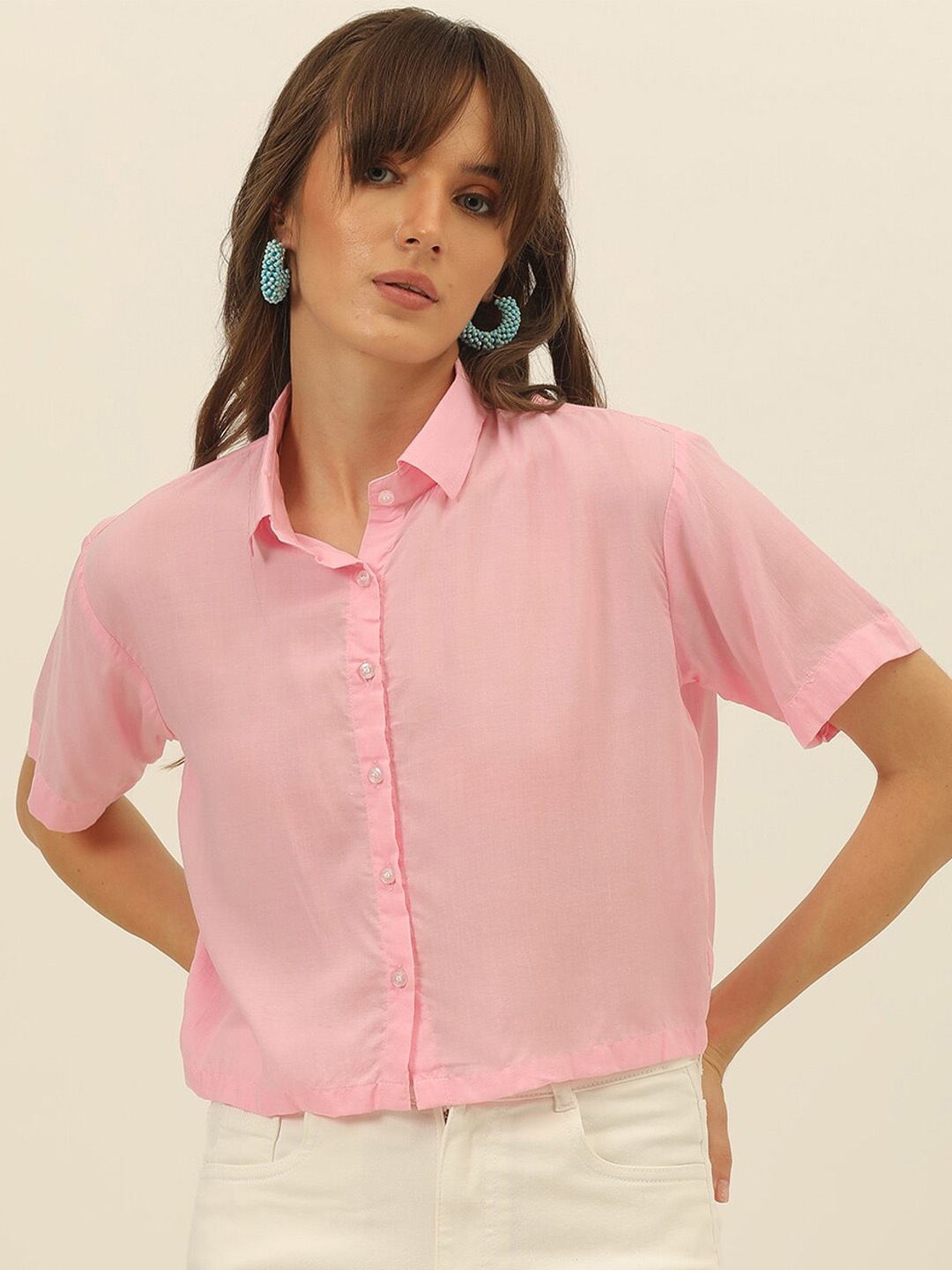 

JAVINISHKA Comfort Slim Fit Spread Collar Crop Casual Shirt, Rose gold