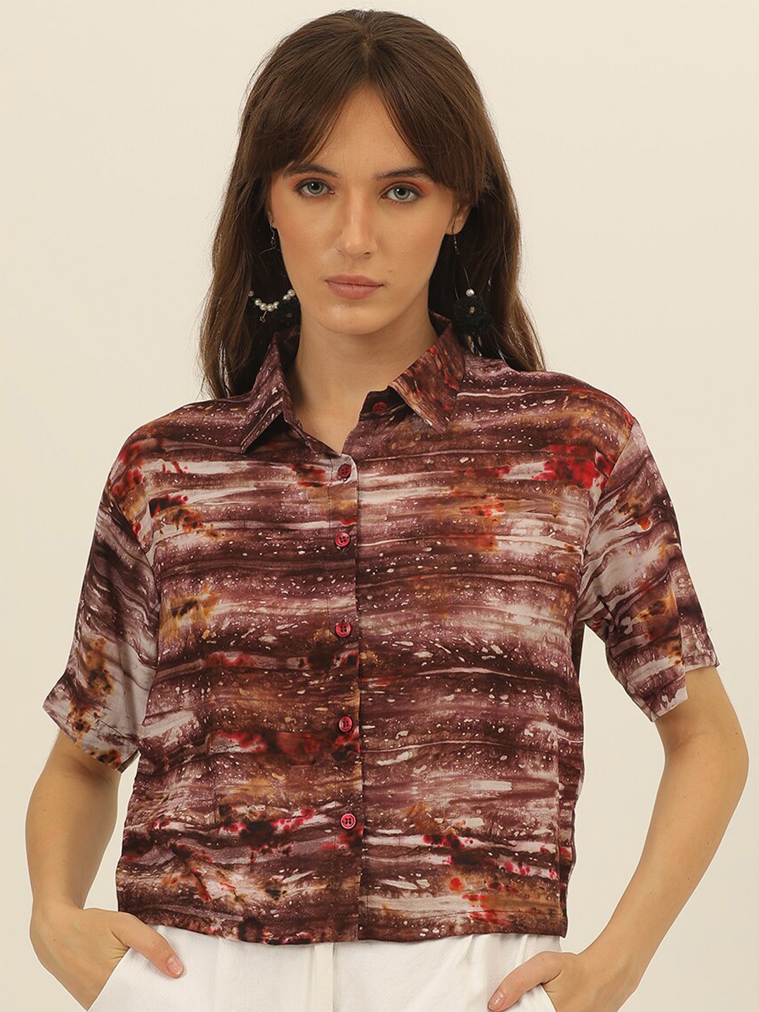 

JAVINISHKA Comfort Slim Fit Printed Spread Collar Crop Casual Shirt, Brown