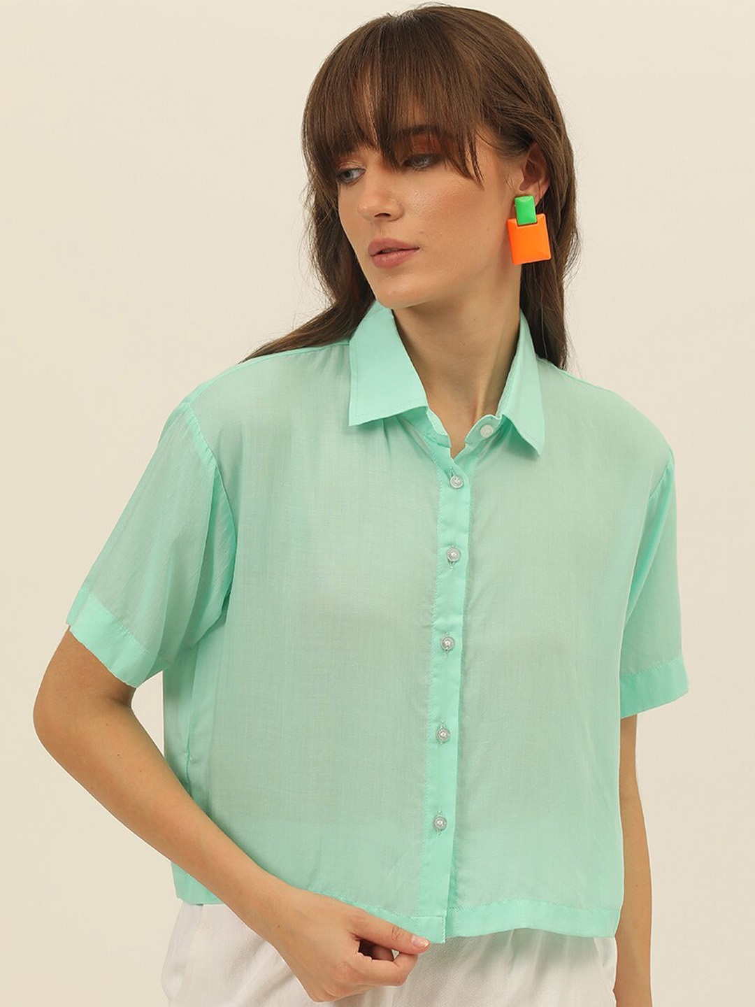 

JAVINISHKA Comfort Slim Fit Spread Collar Crop Casual Shirt, Sea green