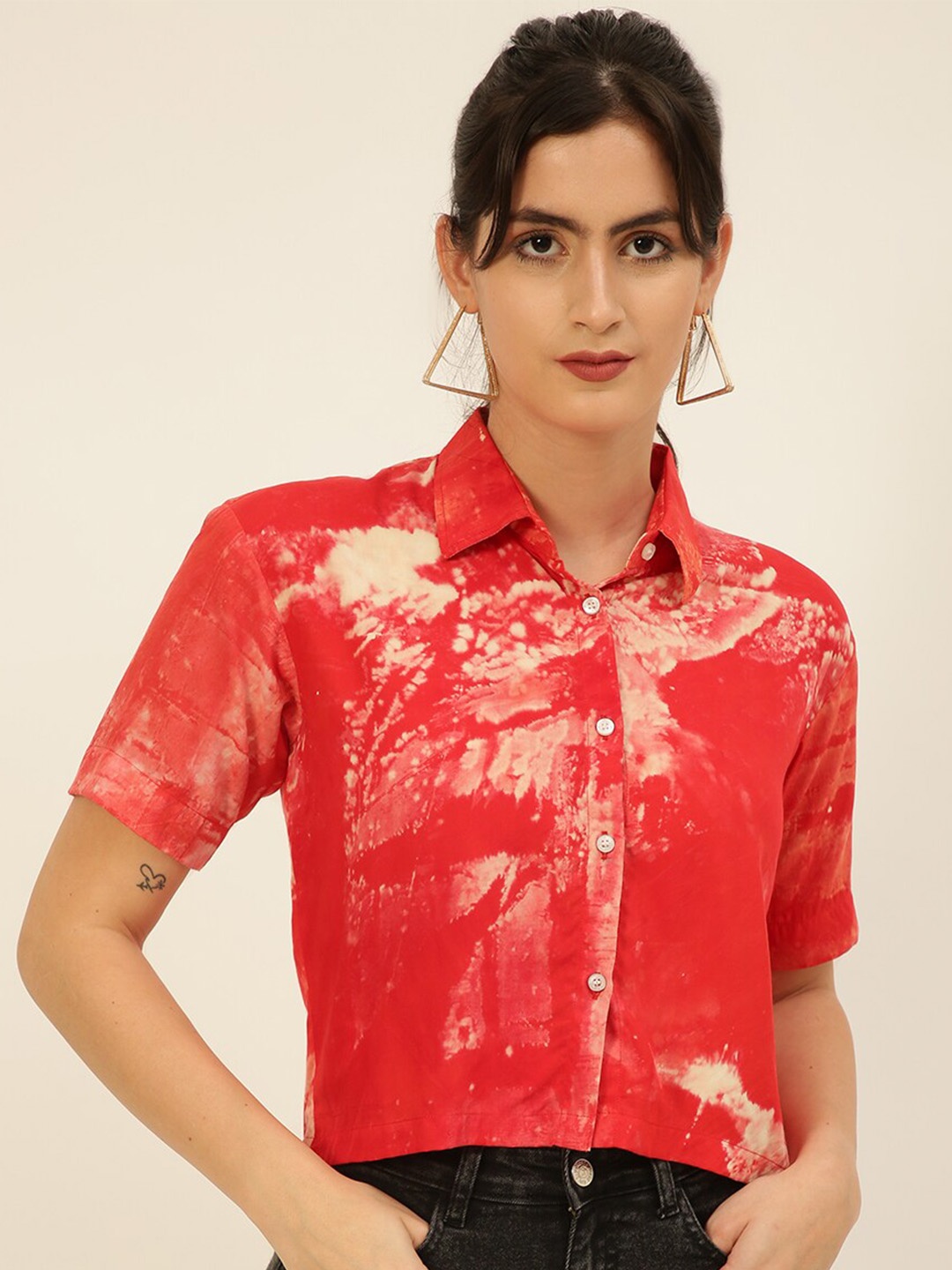 

JAVINISHKA Comfort Slim Fit Printed Spread Collar Crop Casual Shirt, Orange