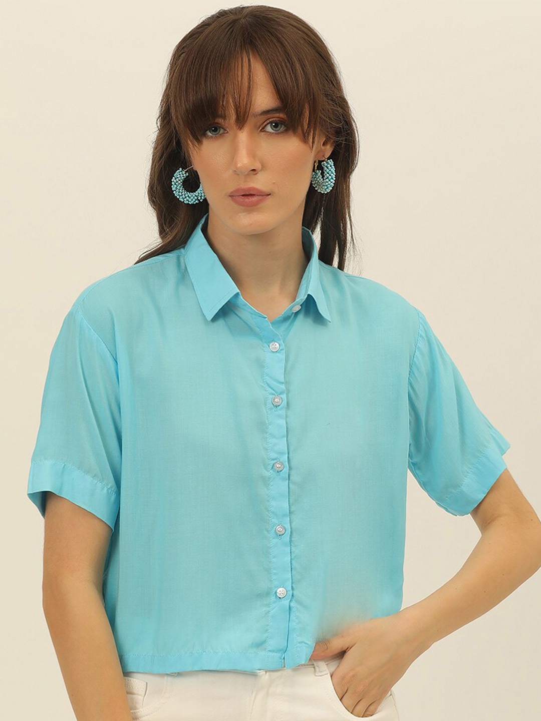 

JAVINISHKA Comfort Slim Fit Spread Collar Crop Casual Shirt, Blue