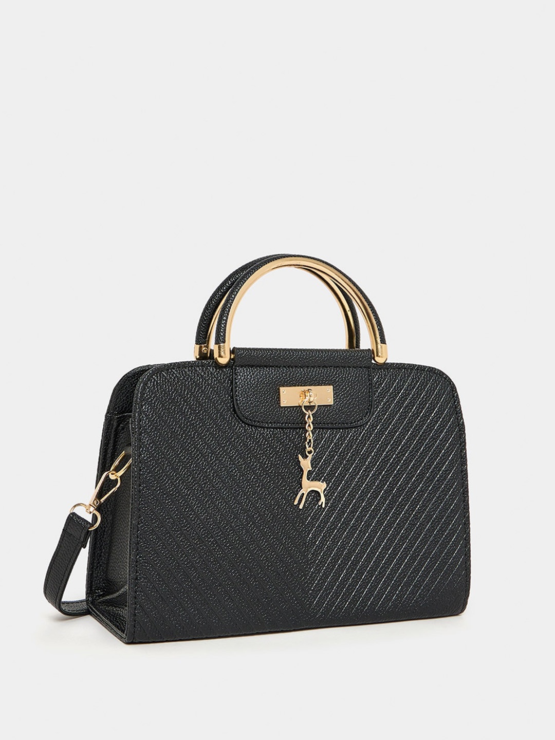 

Styli Women Black Deer Pendant Tote Handbag with Detachable Strap