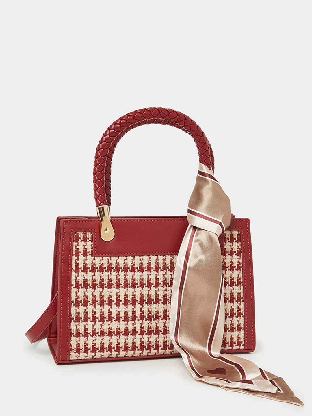 

Styli Houndstooth Tweed Ribbon Design Shoulder Bag, Red