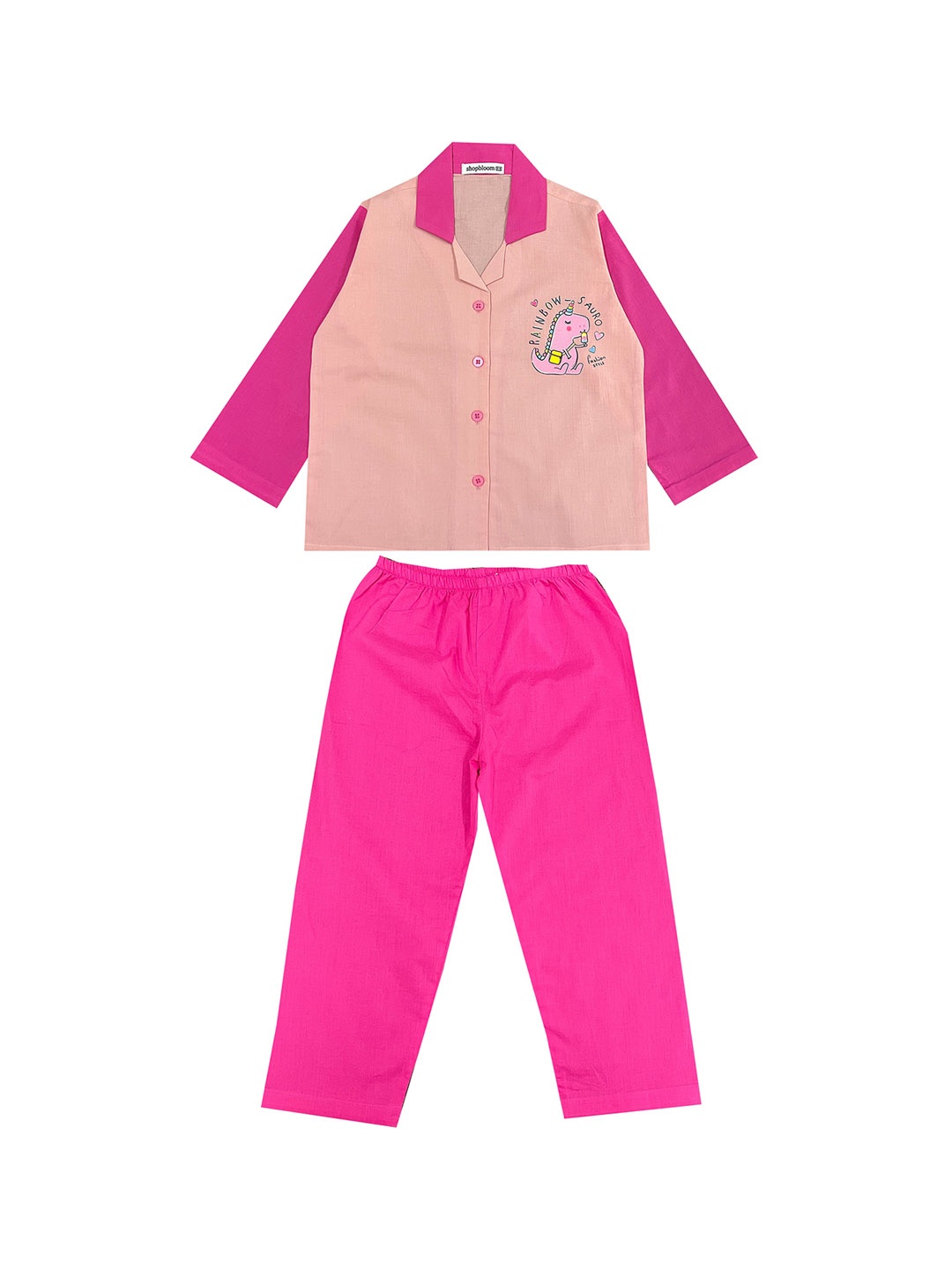 shopbloom Kids Printed Pure Cotton Shirt With Pyjamas, Pink