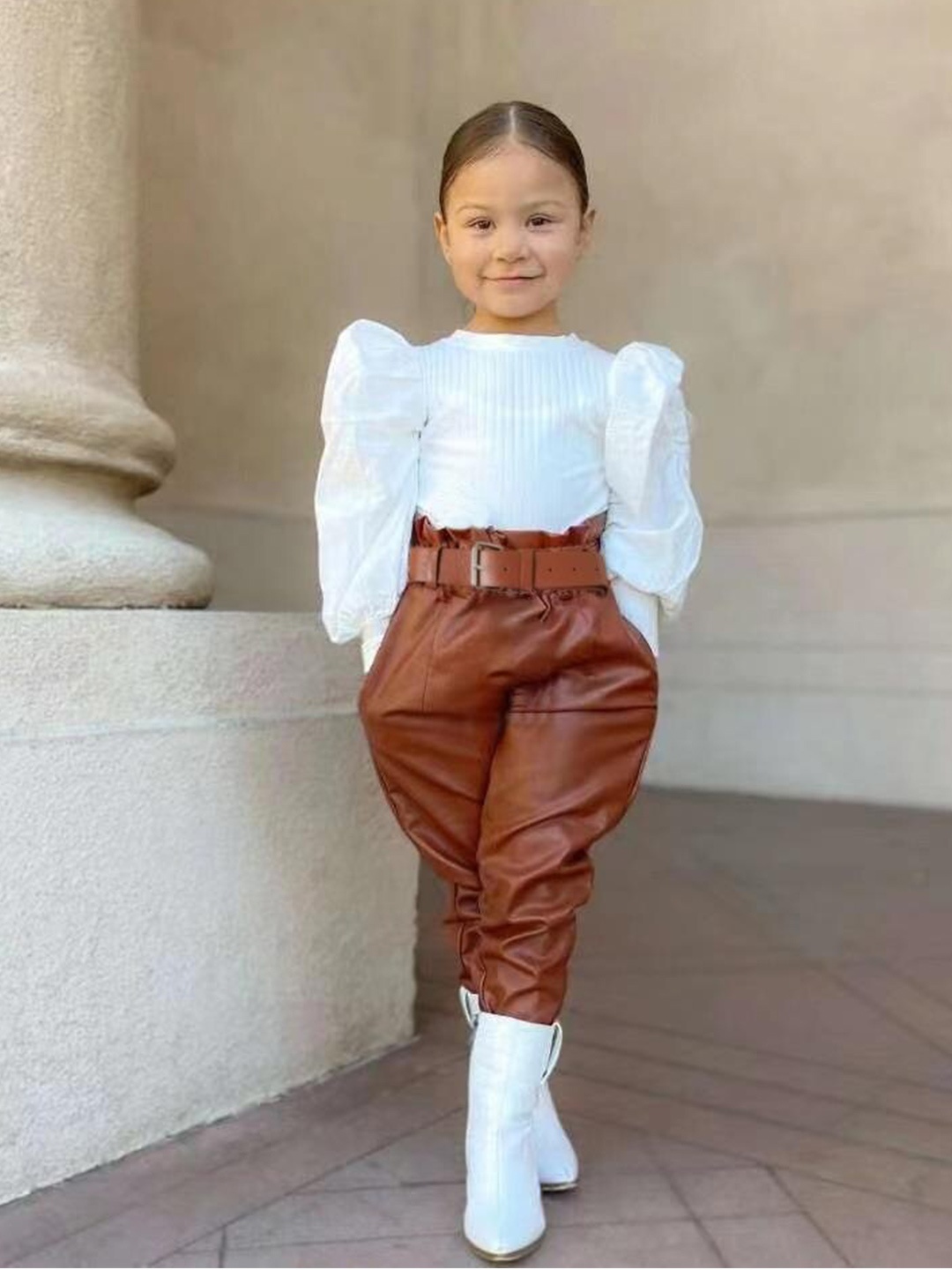 

Googo Gaaga Girls Striped Puff Sleeves Top with Leather Trousers, White