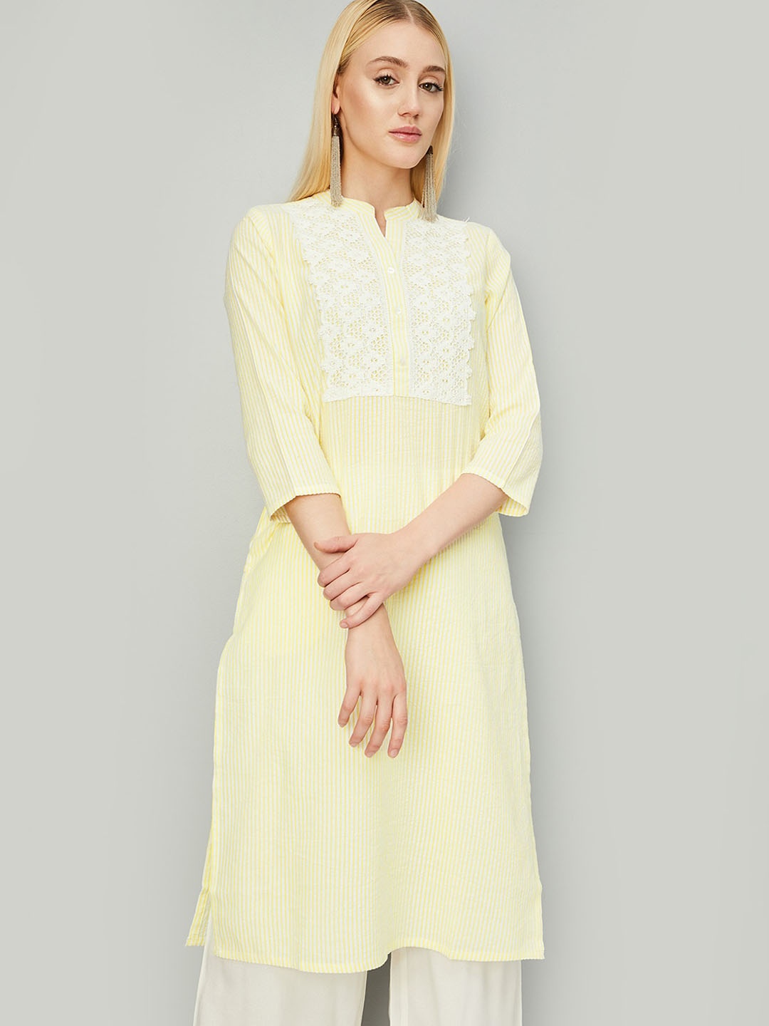 

max Embroidered Cotton Mandarin Collar Kurta, Yellow