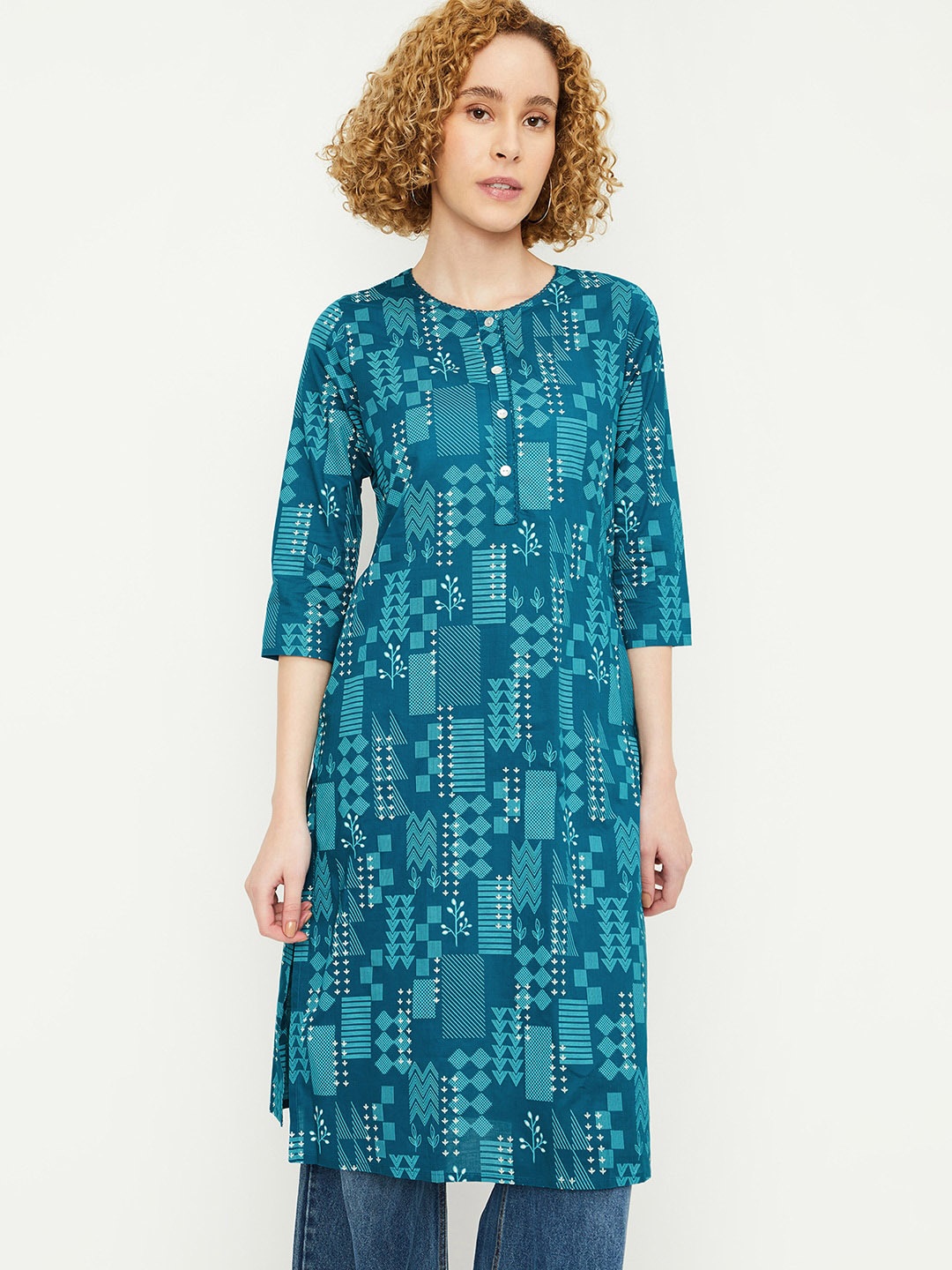 

max Round Neck Printed Three Quarter Sleeves Cotton Straight Kurta, Blue