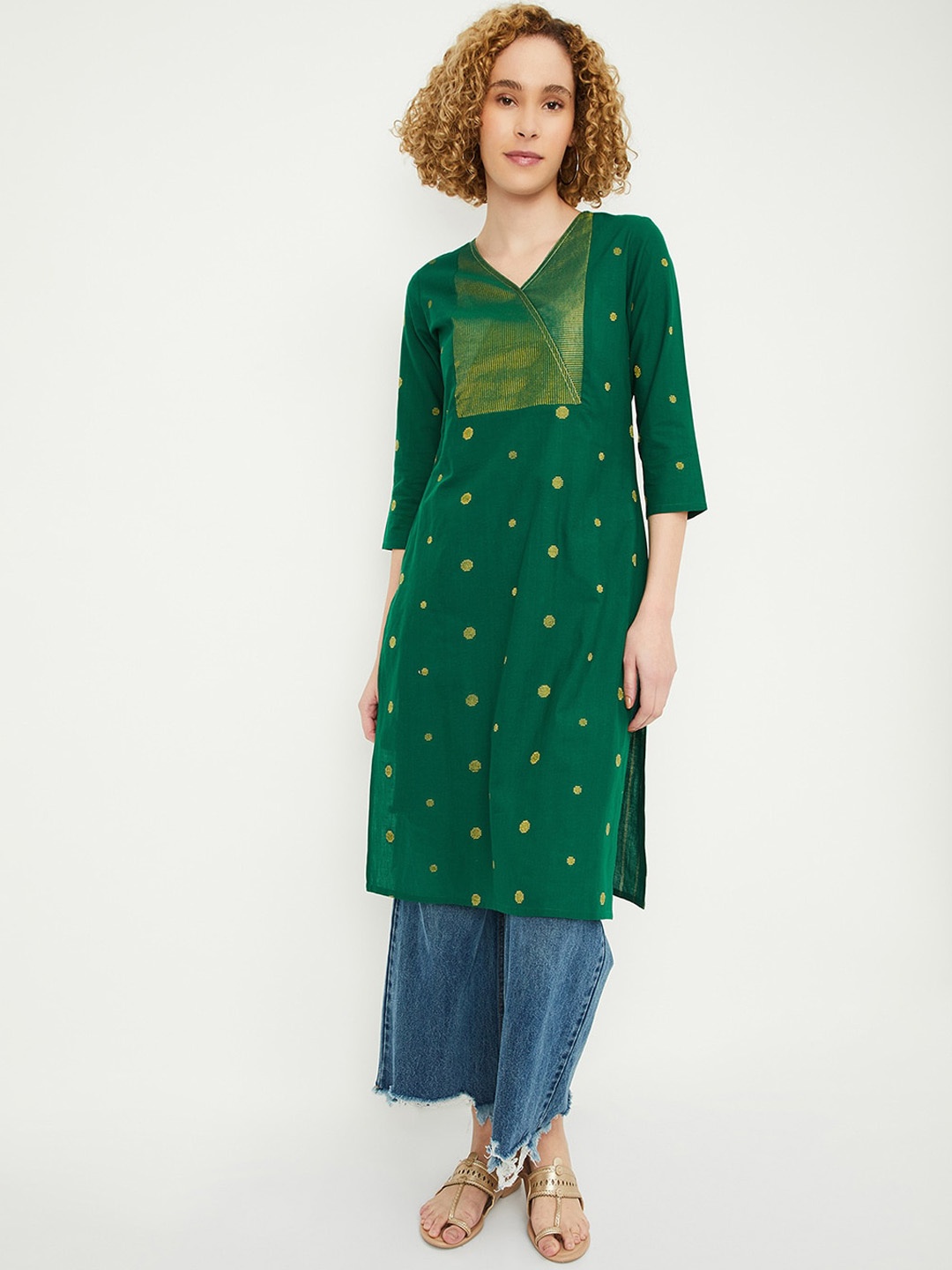

max Ethnic Motifs Woven Design V Neck Cotton Straight Kurta, Green