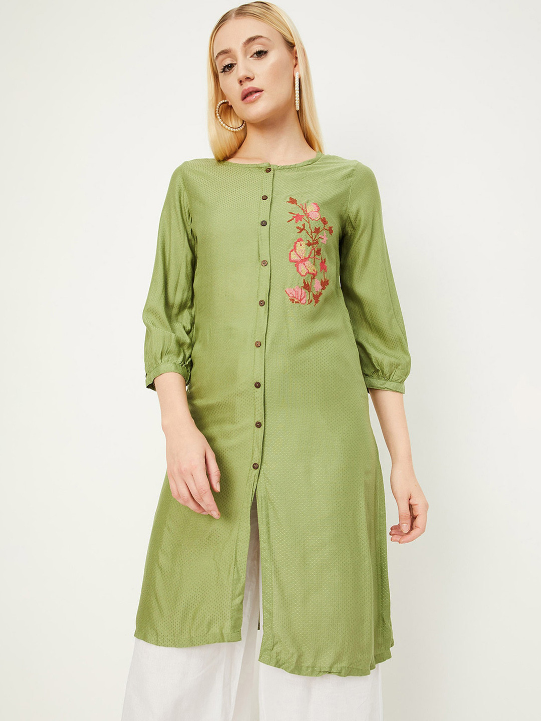 

max Floral Embroidered Band Collar A-Line Kurta, Green