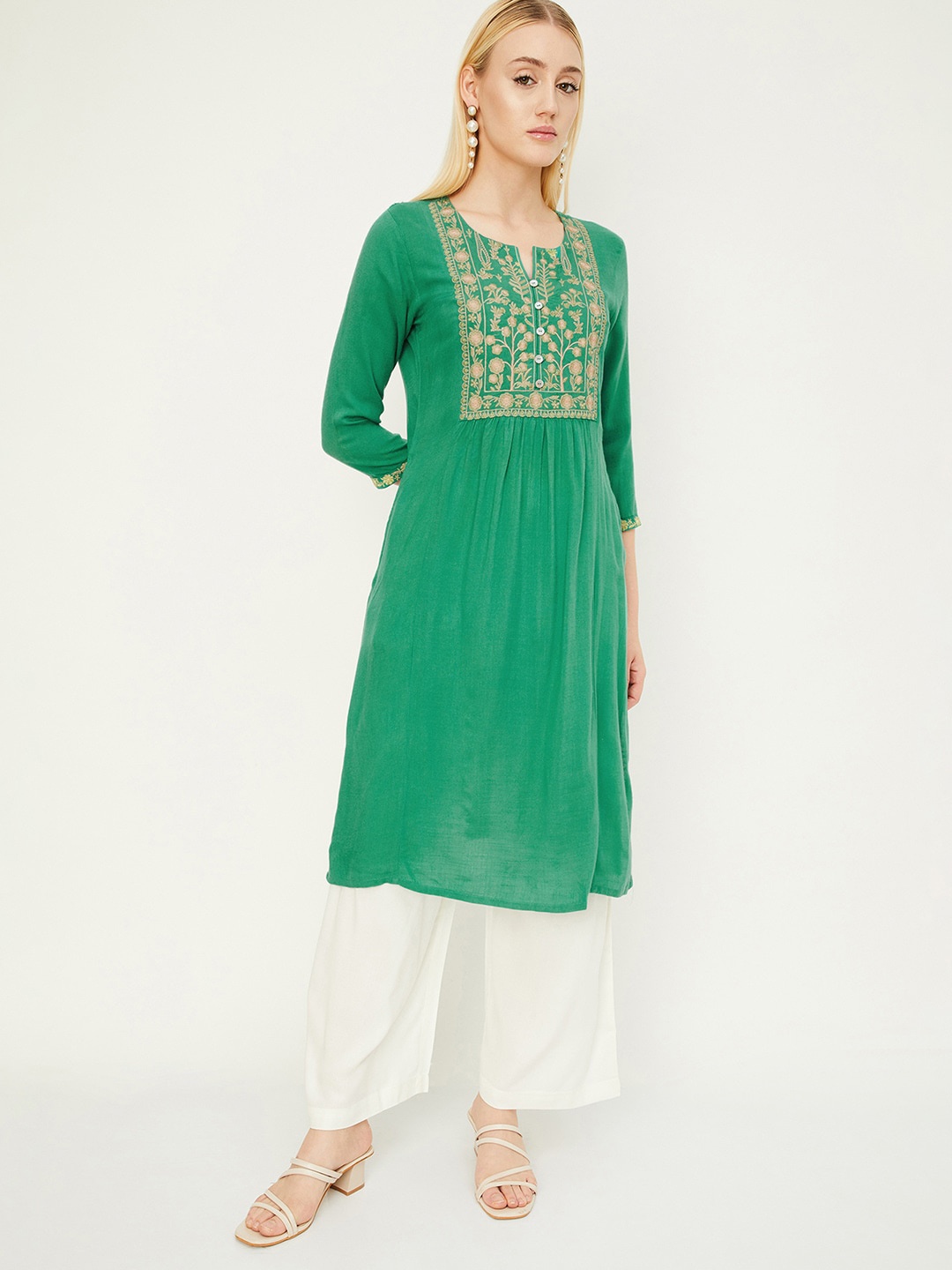 

max Floral Embroidered A-Line Kurta, Green