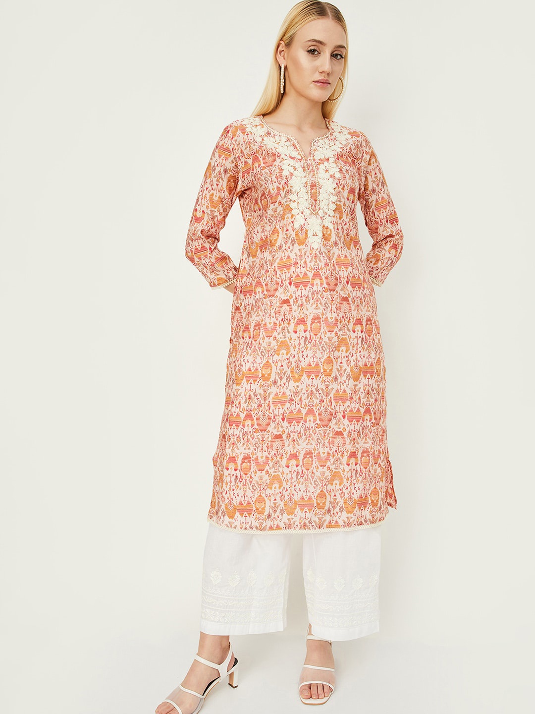 

max Ethnic Motifs Printed V Neck Straight Kurta, Pink