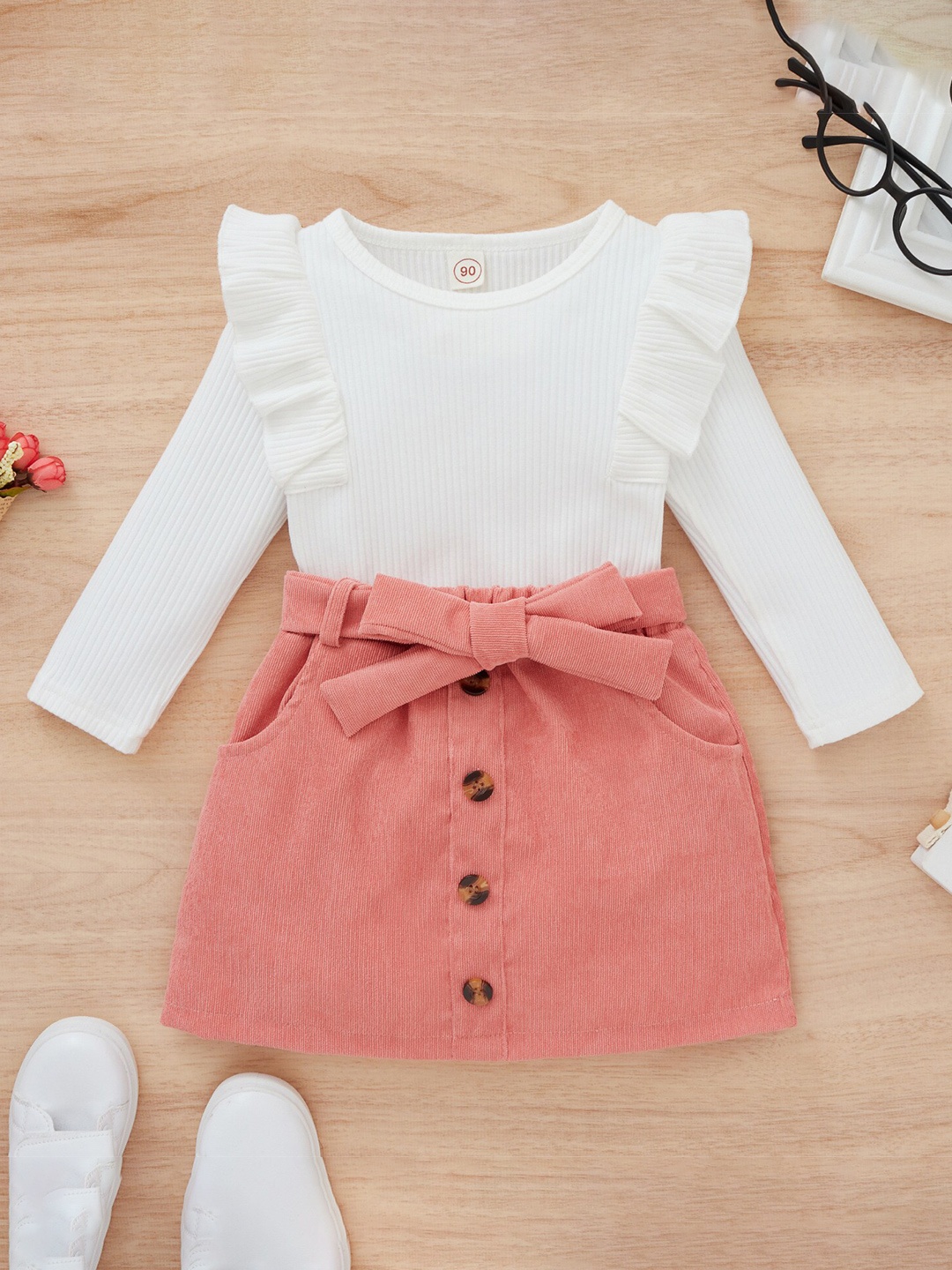 

Googo Gaaga Girls Striped Long Sleeves Pure Cotton Top with Skirt, White
