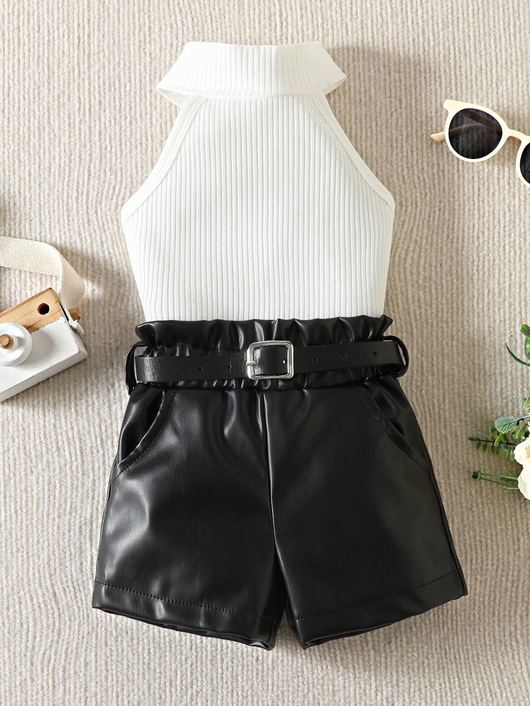 

Googo Gaaga Girls Ribbed Halter Neck Top with Leather Shorts, White