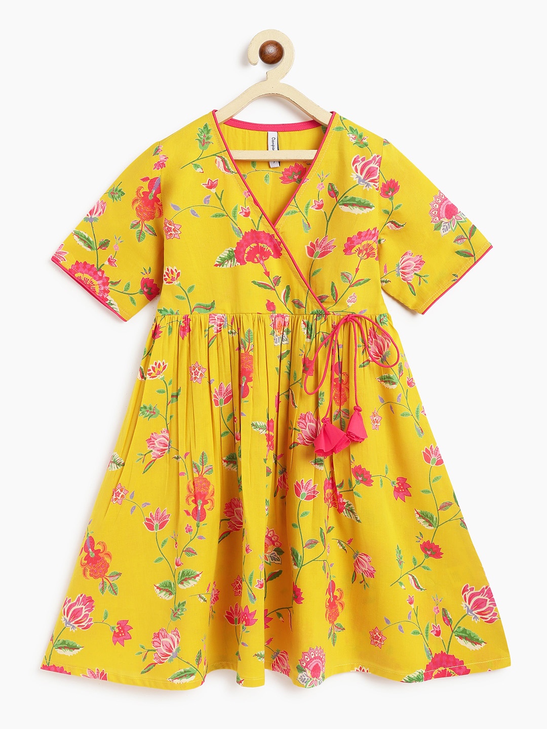 Campana Girls Floral Printed Pure Cotton Angrakha Kurta, Yellow