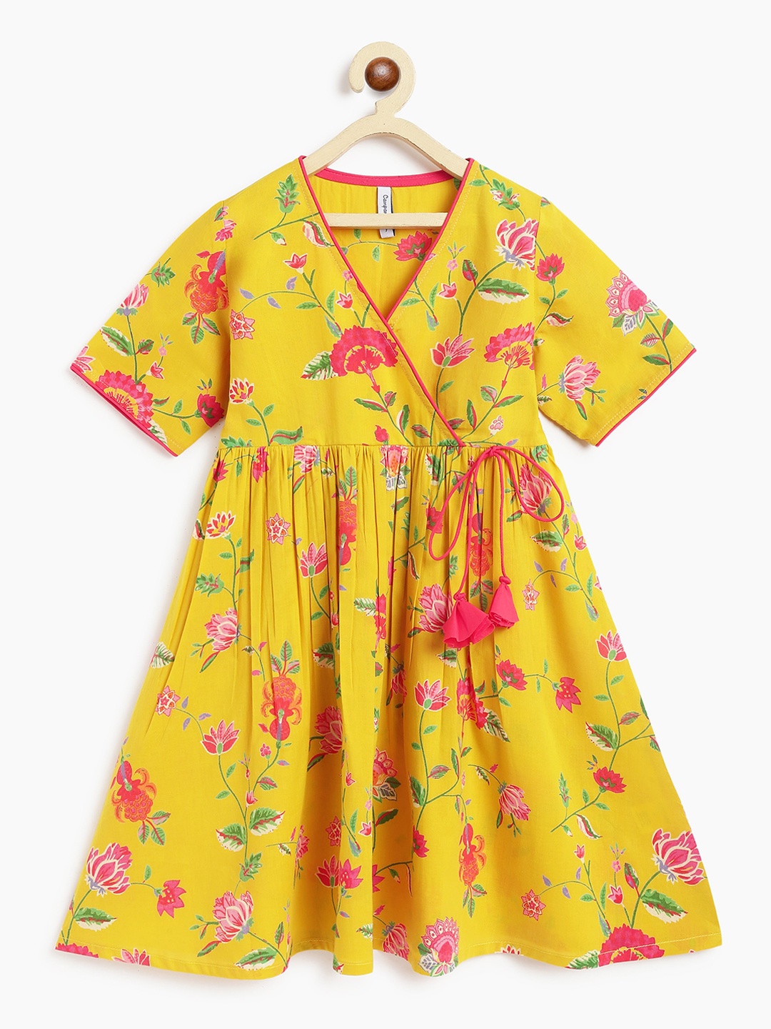 

Campana Girls Floral Printed Pure Cotton Angrakha Kurta, Yellow