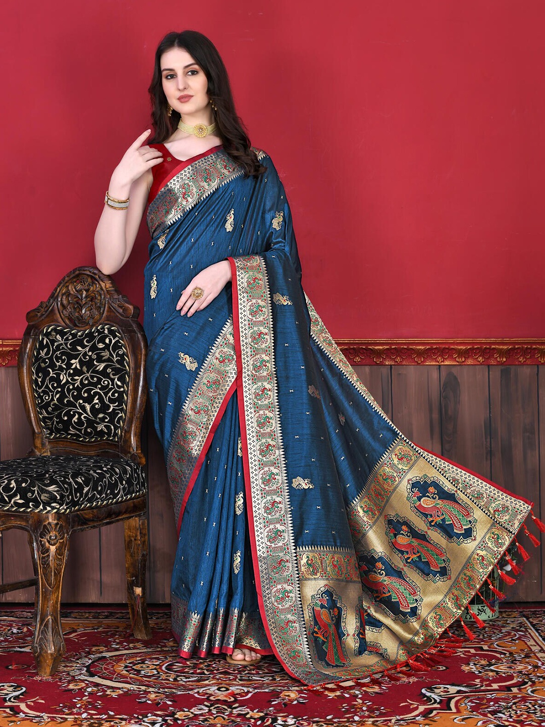 

CATCHY FOREVER Ethnic Motifs Woven Design Zari Silk Blend Paithani Saree, Blue