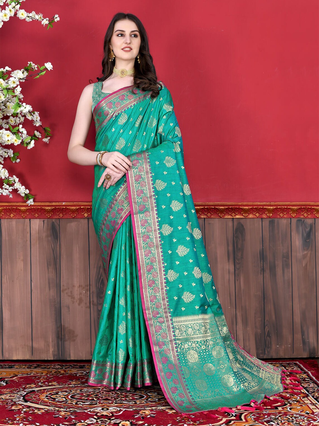 

CATCHY FOREVER Ethnic Motifs Zari Silk Blend Banarasi Saree, Sea green