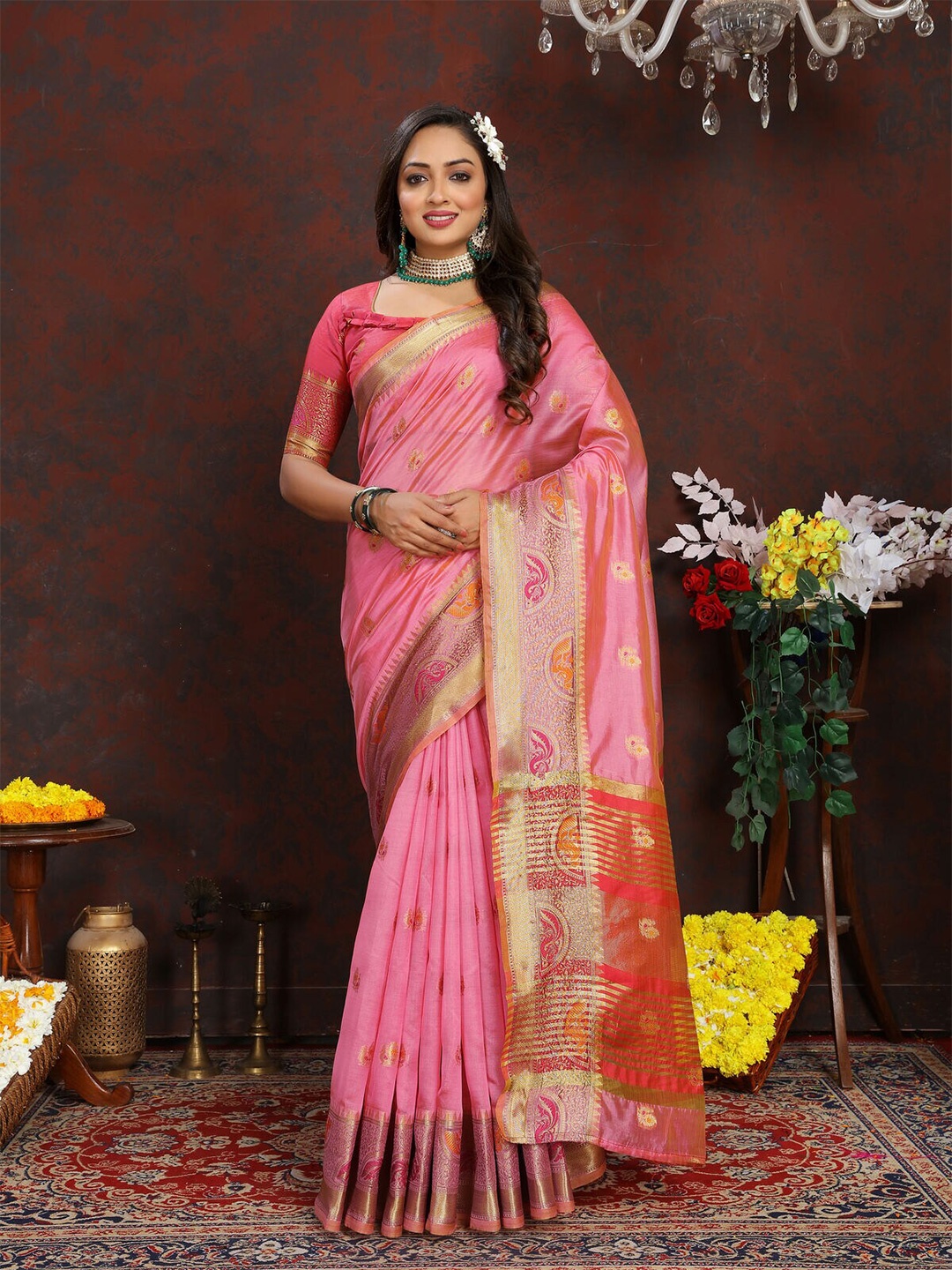 

CATCHY FOREVER Ethnic Motifs Woven Design Zari Organza Saree, Pink