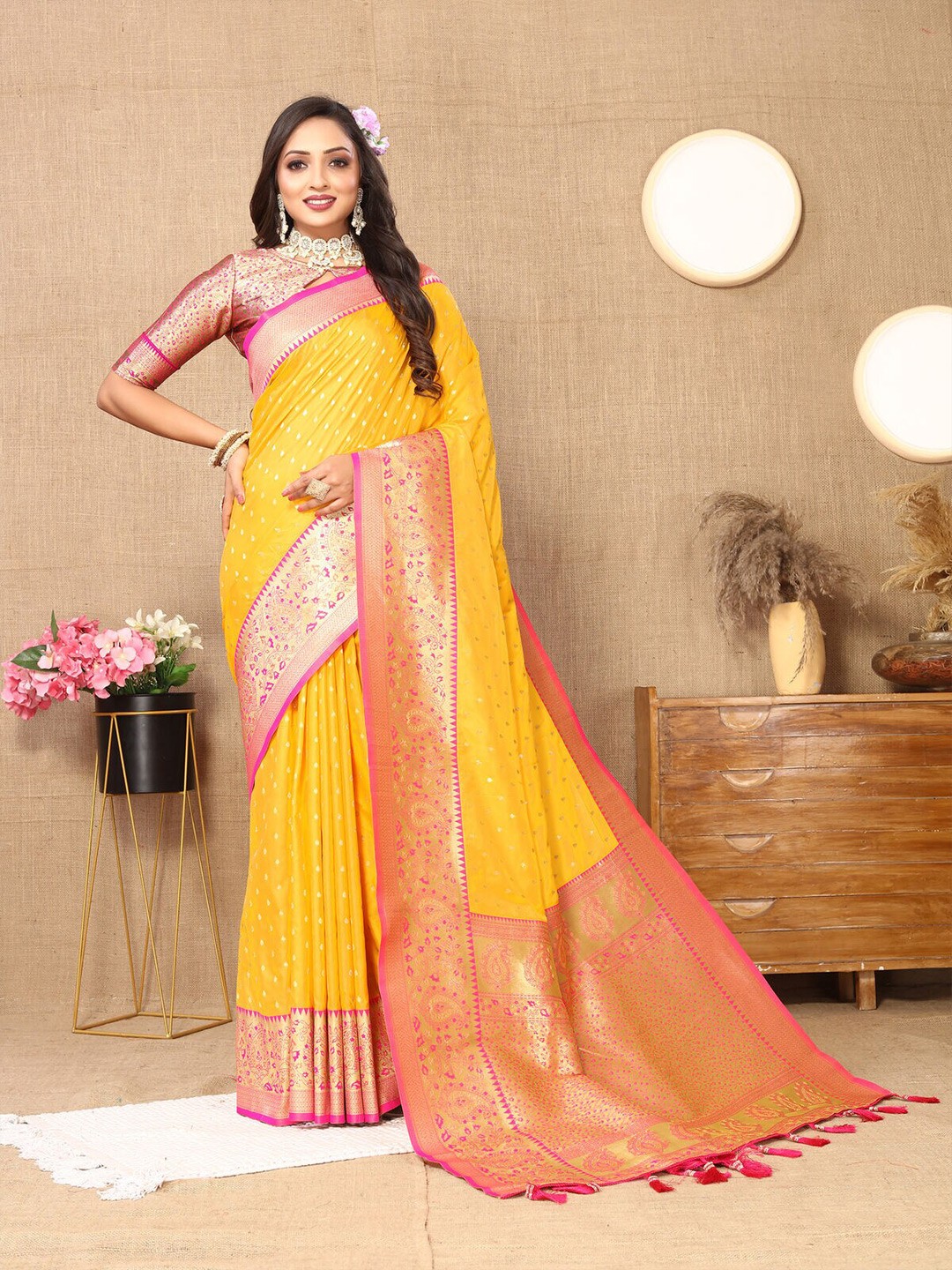 

CATCHY FOREVER Ethnic Motifs Zari Banarasi Saree, Yellow