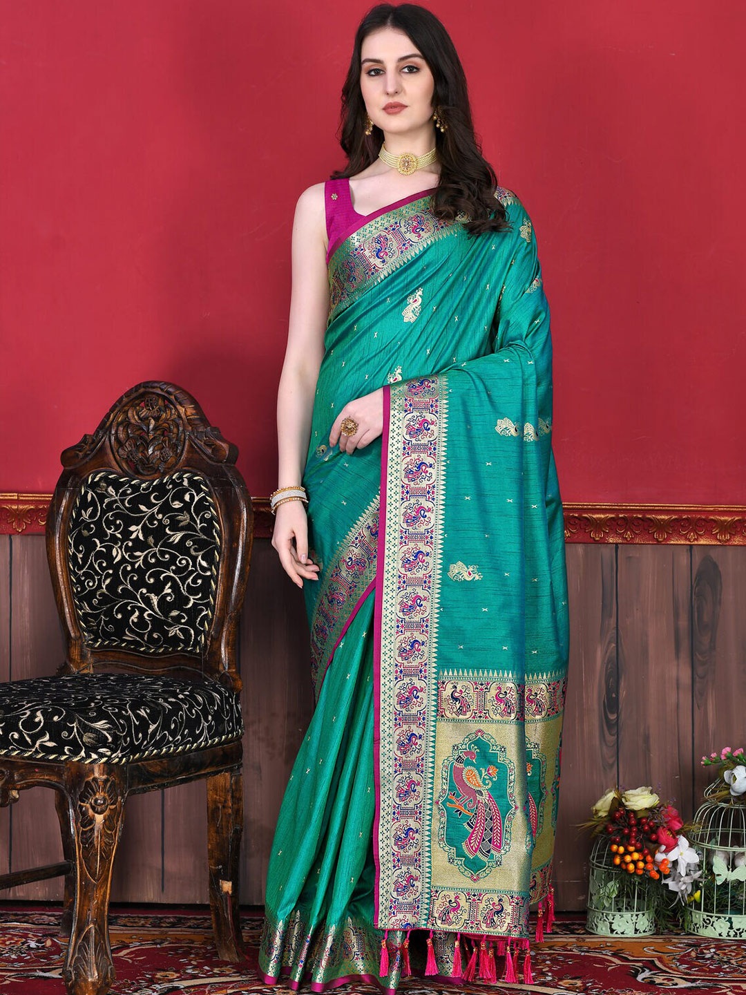 

CATCHY FOREVER Ethnic Motifs Woven Design Zari Paithani Saree, Sea green