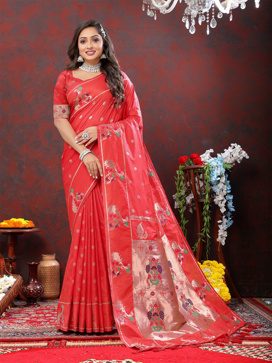 

CATCHY FOREVER Ethnic Motifs Paithani Zari Saree, Red