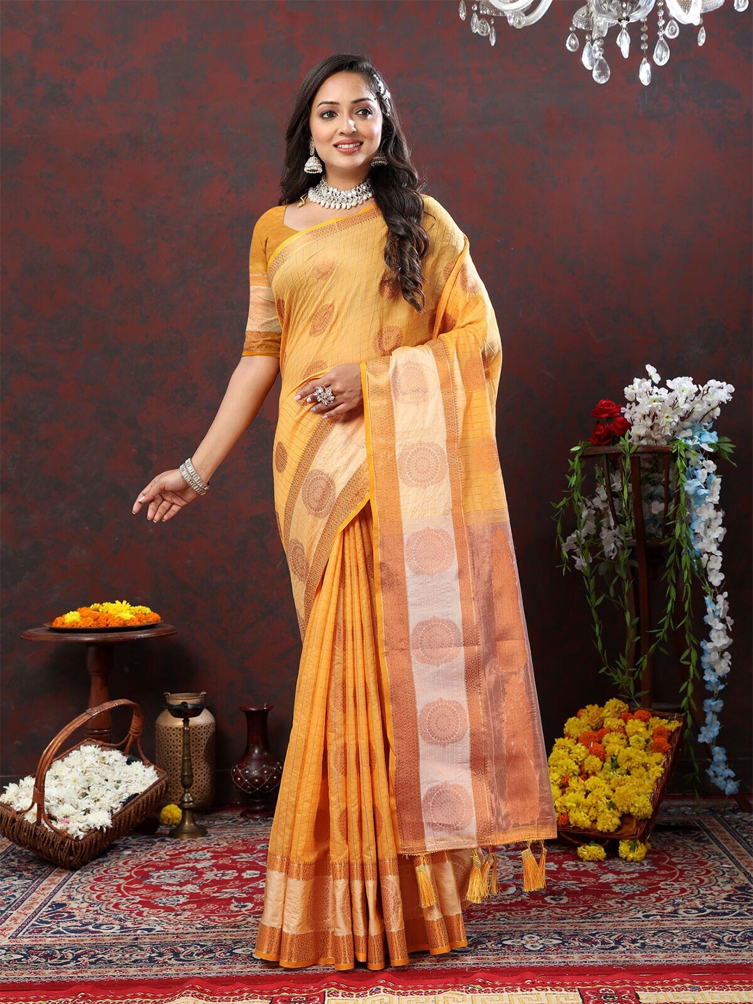 

CATCHY FOREVER Woven Design Zari Silk Cotton Banarasi Saree, Yellow