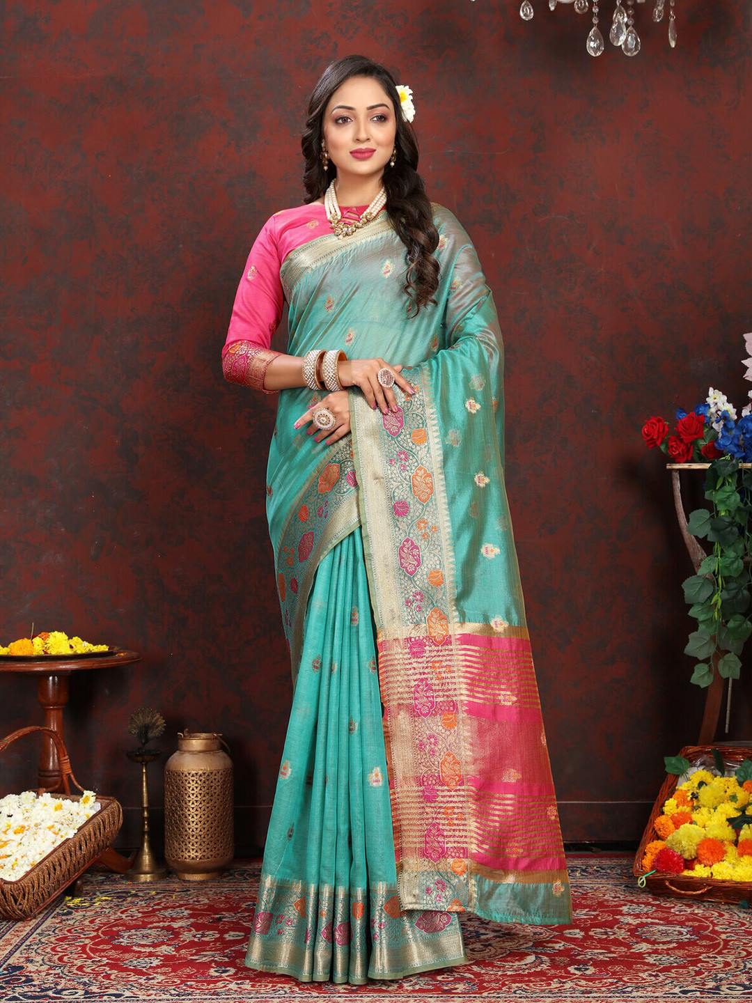 

CATCHY FOREVER Ethnic Motifs Zari Organza Saree, Sea green