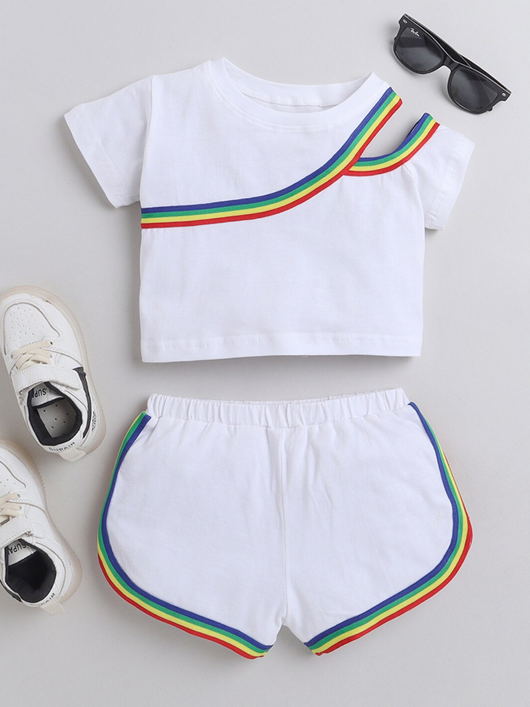 

Nuevo Joy Girls Striped Cut Out Pure Cotton Top with Shorts, White