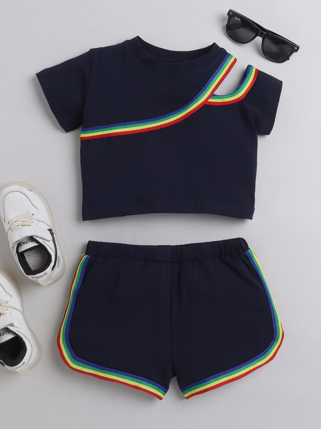 

Nuevo Joy Girls Striped Cut Out Pure Cotton Top with Shorts, Navy blue