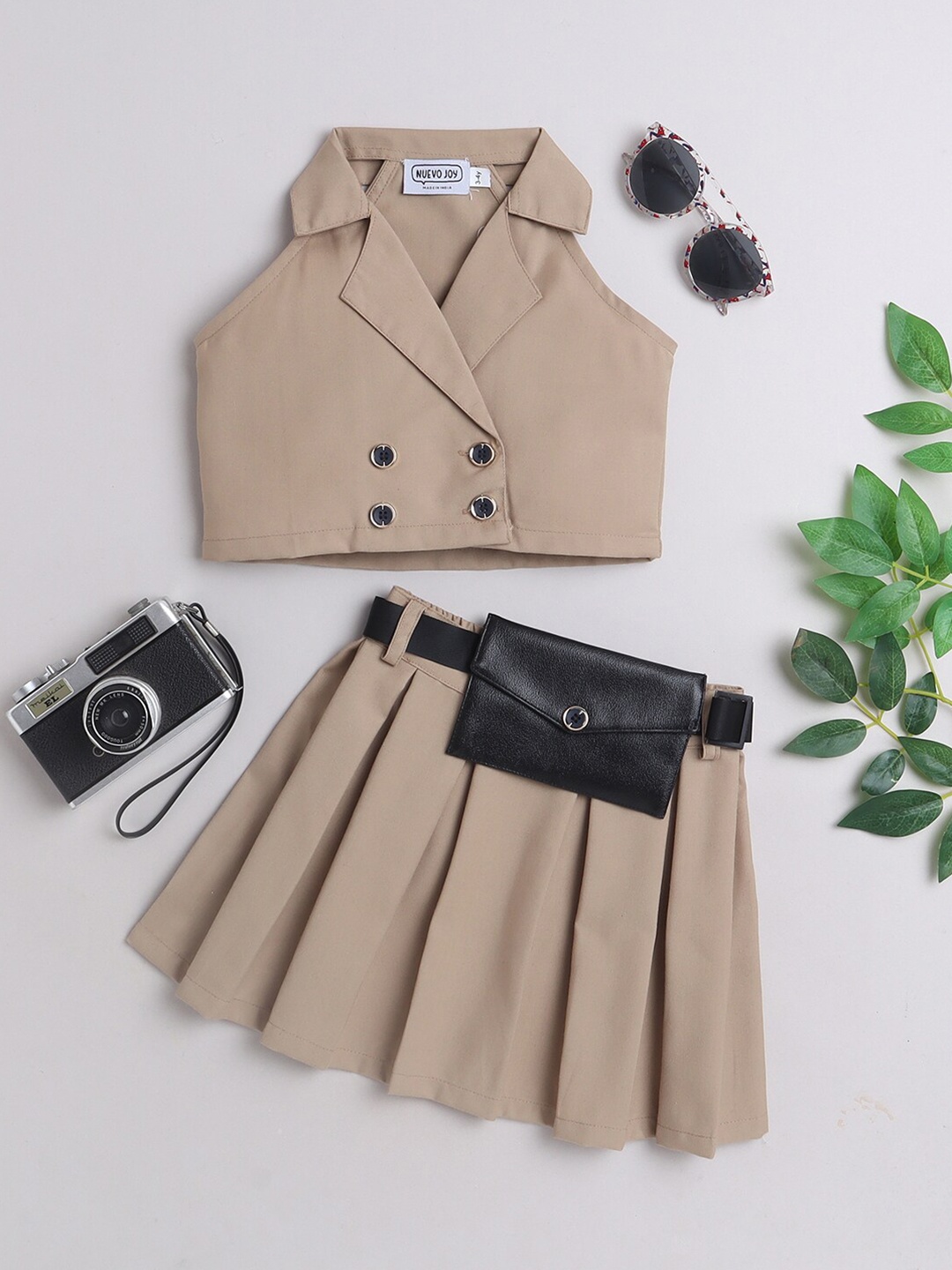 

Nuevo Joy Girls Shirt Collar Top with Skirt, Tan