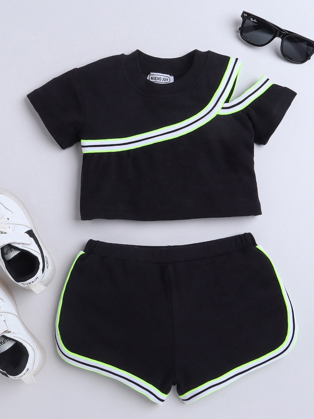 

Nuevo Joy Girls Striped Cut Out Pure Cotton Top with Shorts, Black