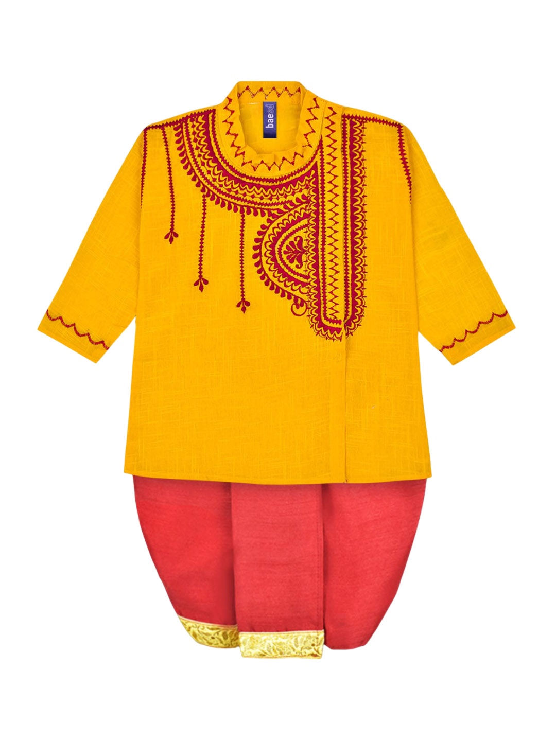 

BAESD Boys Ethnic Motifs Embroidered Regular Pure Cotton Straight Kurta With Dhoti Pant, Yellow