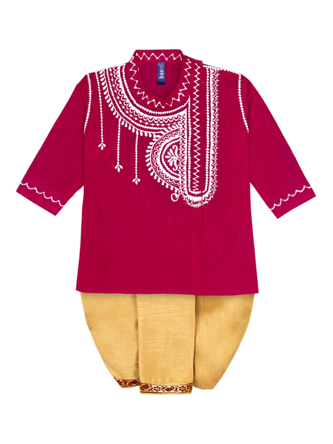 

BAESD Boys Ethnic Motifs Embroidered Regular Pure Cotton Straight Kurta With Dhoti Pants, Maroon