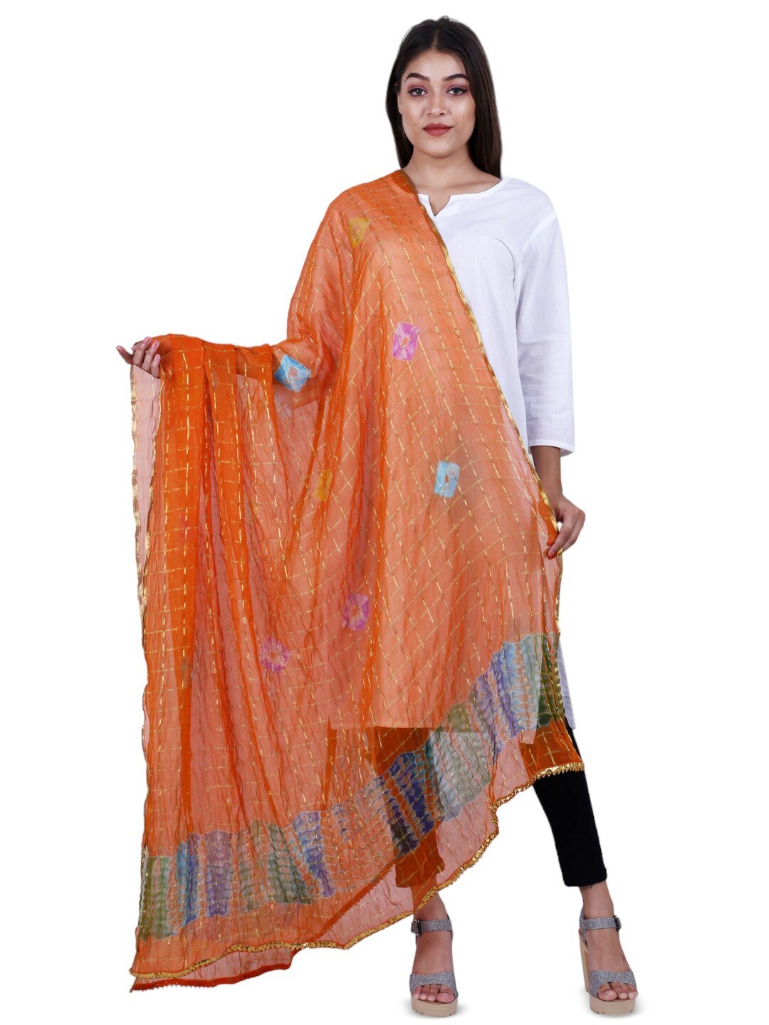 

Alakh Creation Checked Zari Bandhani Chiffon Dupatta, Orange