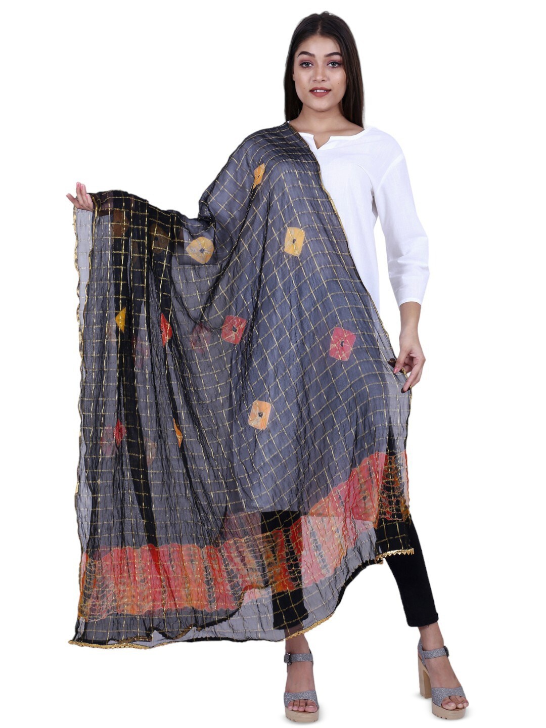 

Alakh Creation Checked Zari Detailed Bandhani Chiffon Dupatta, Black