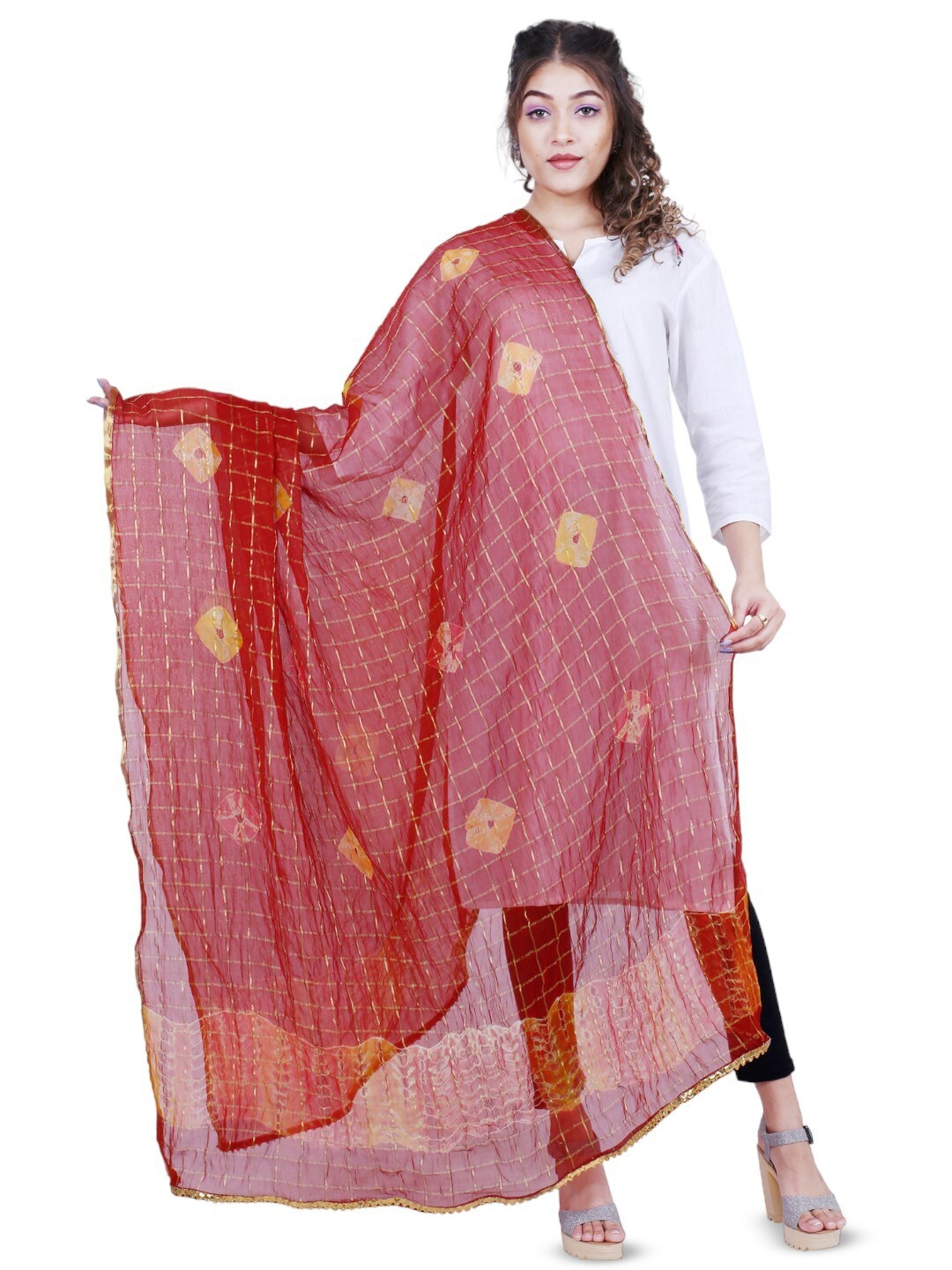 

Alakh Creation Checked Zari Detailed Bandhani Chiffon Dupatta, Maroon