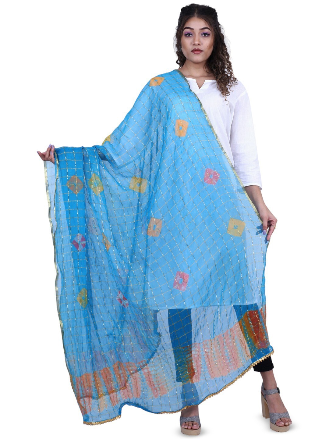 

Alakh Creation Bandhani Printed Zari Chiffon Dupatta, Turquoise blue