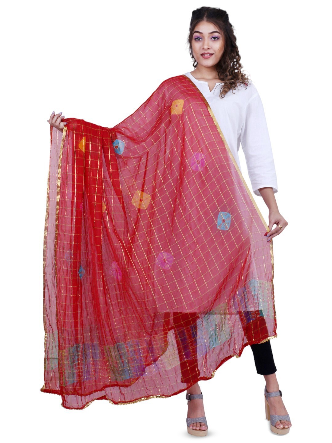 

Alakh Creation Bandhani Printed Zari Chiffon Dupatta, Red