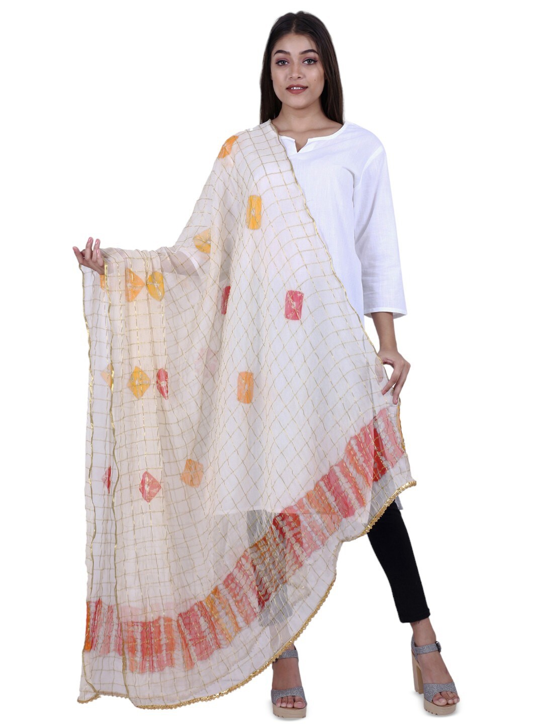 

Alakh Creation Checked Zari Detailed Bandhani Chiffon Dupatta, Off white