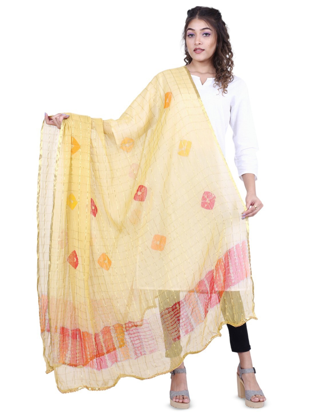 

Alakh Creation Checked Zari Detailed Bandhani Chiffon Dupatta, Beige