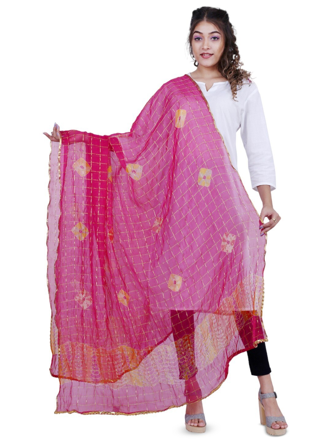 

Alakh Creation Checked Zari Bandhani Chiffon Dupatta, Pink