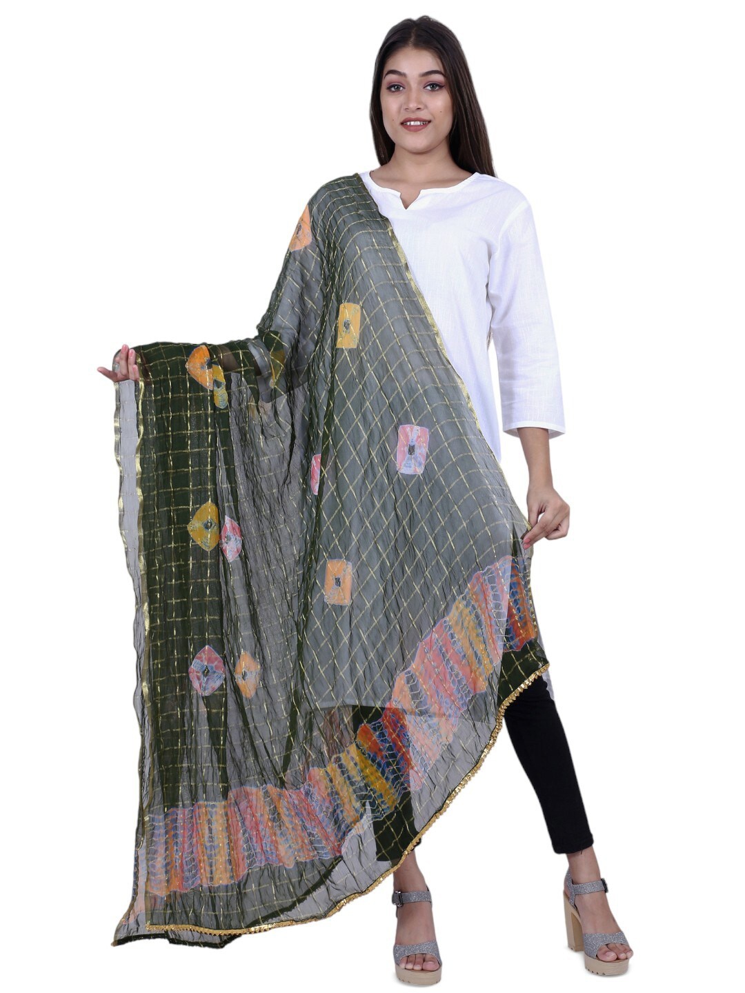 

Alakh Creation Bandhani Printed Zari Chiffon Dupatta, Olive